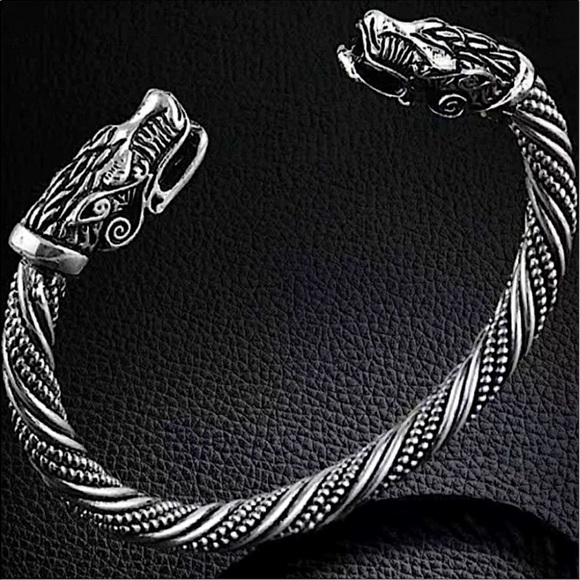 Sterling Silver Plated Serpent Viking Wolf Head Cuff Bracelet - Picture 3 of 8